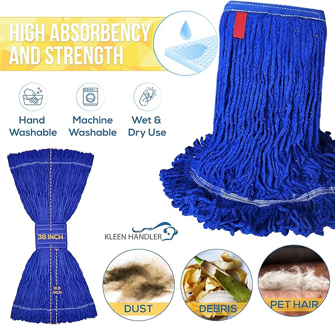KLEEN HANDLER Blended Loop End Heavy Duty Mop Head Replacement, Wet Mop Refills for Industrial and Commercial Use, Dark Blue, 24 Oz (3-Pack)