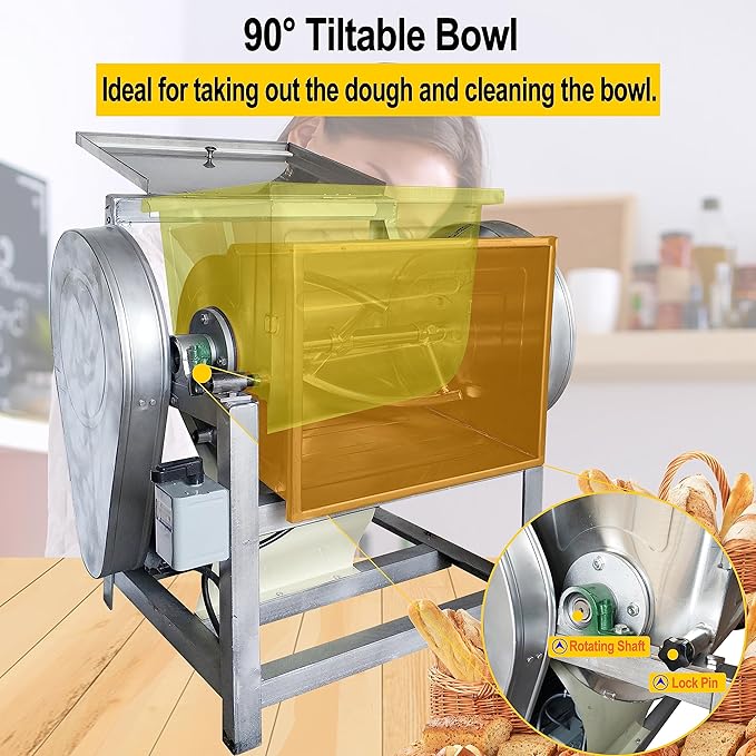 TECHTONGDA Commercial 110V Electric Dough Mixer Mixing Machine 25KG Heavy Duty Food Flour Mixer Spiral Dough Kneading Machine with 90 Degree Tilt Bucket for Restaurant School