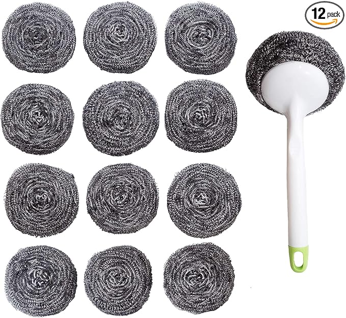 Stainless Steel Sponges Scourer Set with Handle 40 gram - Pack of 12 - Large Stainless Steel Scrubbers - Metal Scouring Pads - Stainless Steel Pot, Pan, Cast Iron Cleaner