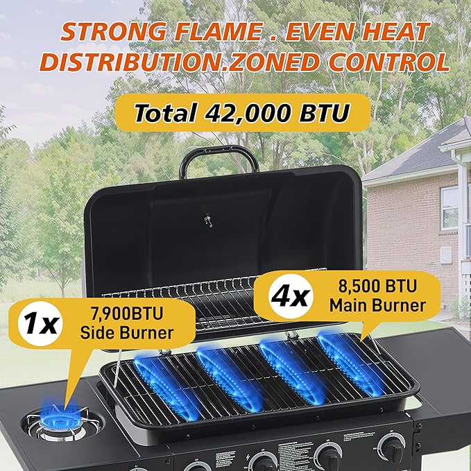 4 Burner Propane Gas Grill, 42,000 BTU Gas Grill with Side Burner, BBQ Grill with Cast Iron Grates, Stainless Steel Frame, 534 Sq In Cooking Area, Outside Grill for Patio Backyard, Patio