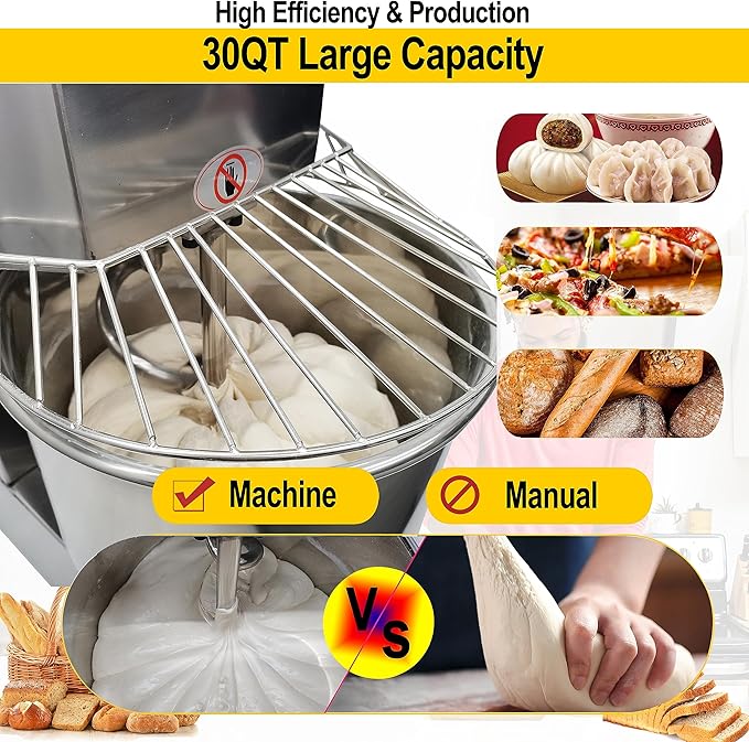 TECHTONGDA Commercial Dough Mixer, 30L Pizza Bakery Flour Mixer Machine with Double Action Double Speed, Electric Stainless Steel Dough Kneading Machine for Restaurant Pizzeria