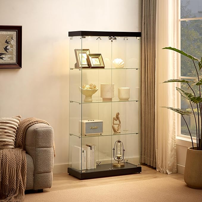 Yoluckea 4 Shelves Glass Display Cabinet with Light and 2 Doors, Floor Standing Clear Glass Curio Cabinet Collection Display for Living Room Bedroom 66.3” x 31.5” x 14.2” Black