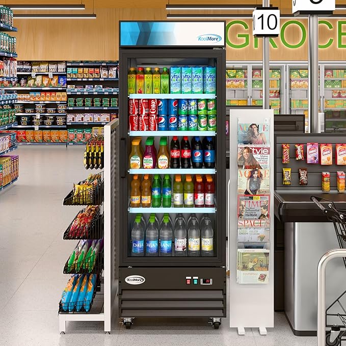 KoolMore MDR-1GD-23C Commercial Glass 1 Door Display Refrigerator Merchandiser - Upright Beverage Cooler with LED Lighting - 23 Cu. Ft., Black