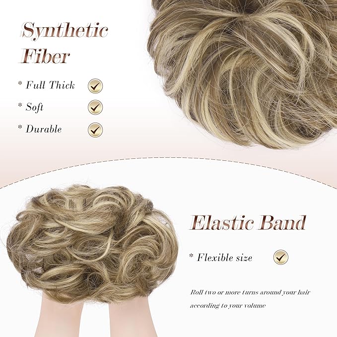 FESHFEN Large Messy Bun Hair Piece - Wavy Synthetic Chignon Scrunchies Elastic Ponytail Hair Extensions Thick Hairpieces for Women, Brunette & Blonde 1.94oz