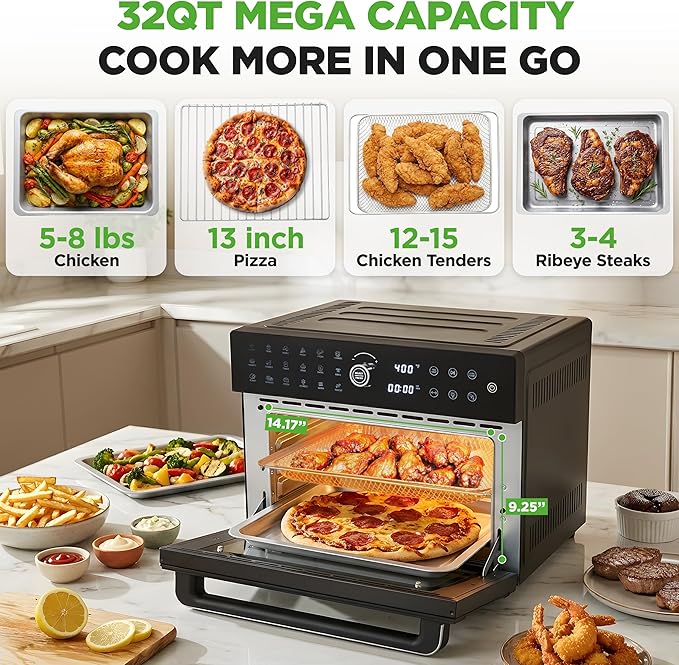 NutriChef 32 Quart Air Fryer & Oven | Digital Airfryer with 20 Presets, Dual Cook, Rotisserie, Bake & More | Multi-Function Convection Countertop Oven | Large Capacity | 18" x 17" x 14 | Black