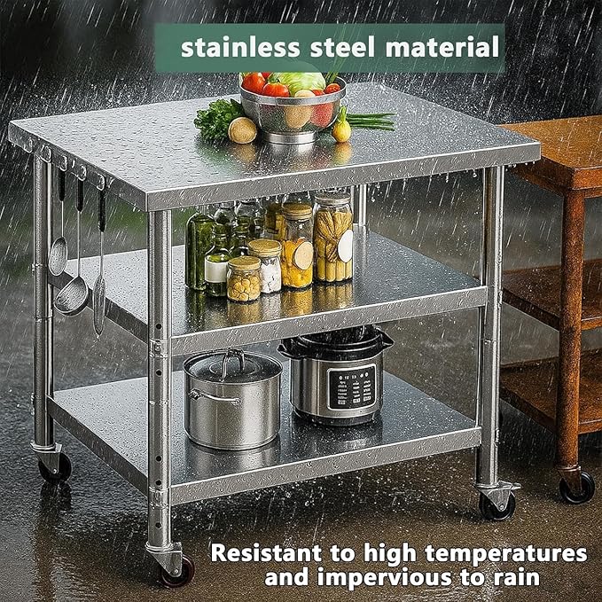Stainless Steel Table with Wheels for Food Preparation and Work, Multi-Size Optional, Three-Layer Variable Two-Layer Metal Commercial Workbench Outdoor, Restaurant, Kitchen (51" Lx24 Wx34 H)