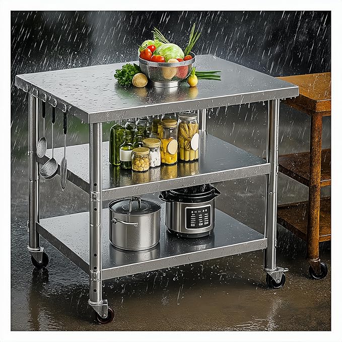 Stainless Steel Table with Wheels for Food Preparation and Work, Multi-Size Optional, Three-Layer Variable Two-Layer Metal Commercial Workbench Outdoor, Restaurant, Kitchen (28" Lx24 Wx34 H)