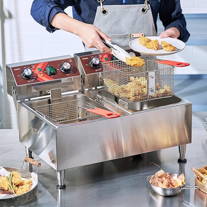 EGGKITPO Deep Fryers Stainless Steel Commercial Deep fryer with Timer Dual Tank Electric Deep Fryer with 2 Baskets Large Capacity 10L X 2 Electric Countertop Fryer for Restaurant and Home, 120V 3600W