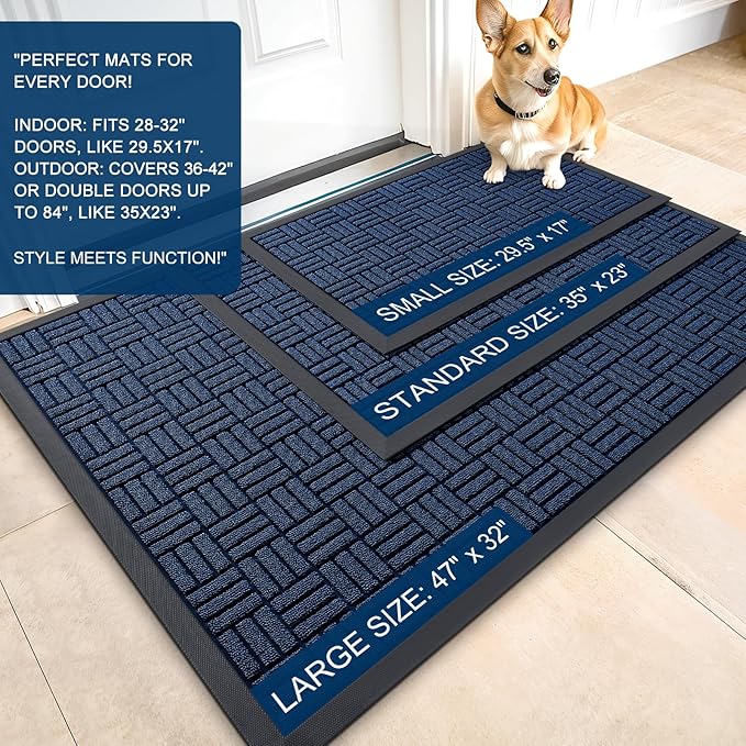OLANLY Front Door Mat Outside Entrance 35x23, Absorbent, Heavy Duty Sturdy Natural Rubber Doormat Indoor Outdoor, Non-Slip, Stain and Fade Resistant, Low Profile Floor Mat for Entryway, Navy Blue