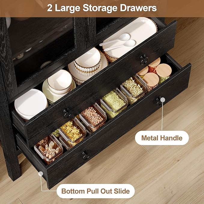 71'' Tall Arched Cabinet, Arched Kitchen Pantry Cabinet with Doors, Wood Arch Storage Cabinets Bookcase with 2 Large Drawers and Adjustable Shelves, Versatile Cupboard for Living Room, Black