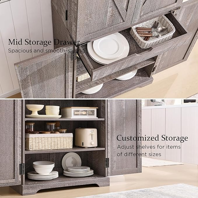 ACCOHOHO 72" Tall Kitchen Pantry, Farmhouse Storage Cabinet with Barn Doors, Organizer, Drawer and Adjustable Shelves, Rustic Wood Cupboard for Kitchen, Dining Room, Bathroom and Hallway, Rustic Grey