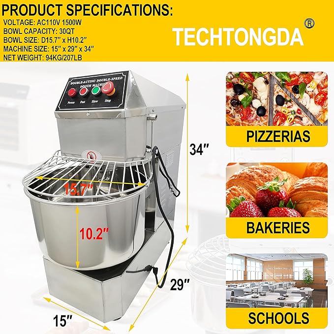 TECHTONGDA Commercial Dough Mixer, 30L Pizza Bakery Flour Mixer Machine with Double Action Double Speed, Electric Stainless Steel Dough Kneading Machine for Restaurant Pizzeria