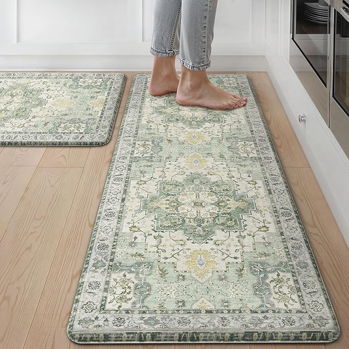 GENIMO Kitchen Mats for Floor 2PCs, Washable Anti Fatigue Mat for Cushioned, 17.3"x47"+17.3"x30", Waterproof Kitchen Rugs, Non Slip Comfort Standing Mat Rug for Home, Sink, Laundry, Light Green