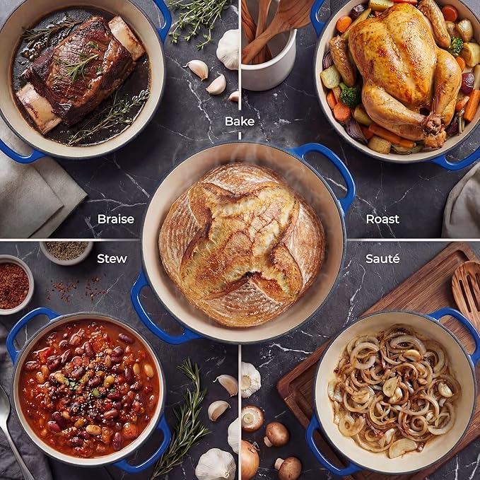 Zulay Kitchen 6 Quart Enameled Cast Iron Dutch Oven Pot with Lid – Premium Durability & Oven Safe up to 500°F – Heavy Duty Cookware Perfect for Bread Baking, Stews, Braising & Roasting – Blue
