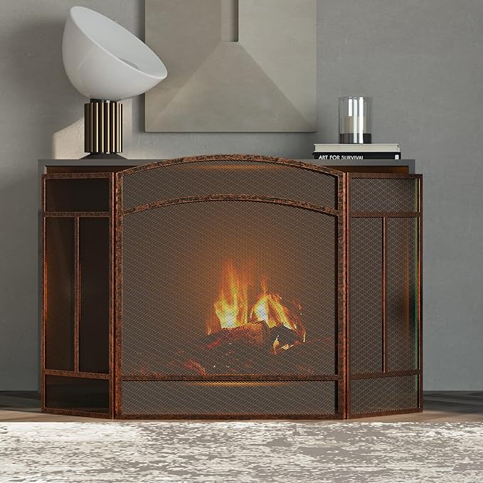 Fire Beauty Fireplace Screen 3 Panel Wrought Iron 48"(L) x 29"(H) Spark Guard Cover(Brushed Copper)