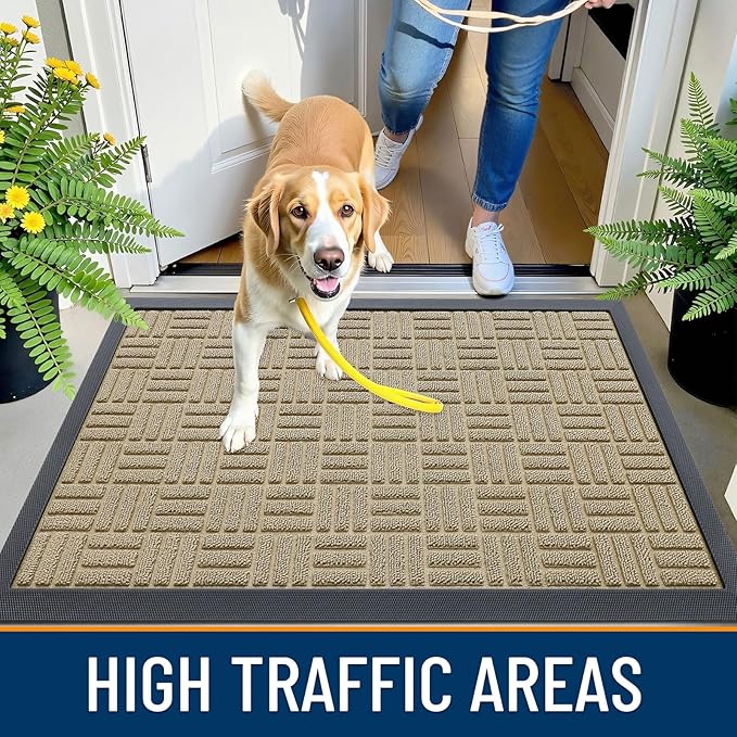 OLANLY Front Door Mat Outside Entrance 47x23, Absorbent, Heavy Duty Sturdy Natural Rubber Doormat Indoor Outdoor, Stain and Fade Resistant, Non-Slip Backing Low Profile Floor Mat for Entryway, Beige