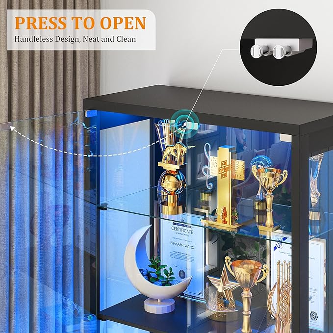 Glass Display Cabinet with Door, 4-Tier Curio Cabinet with 2 Drawers and Adjustable Glass Height Showcase, Display Case with 3 LED Light and Human Body Sensor, Black