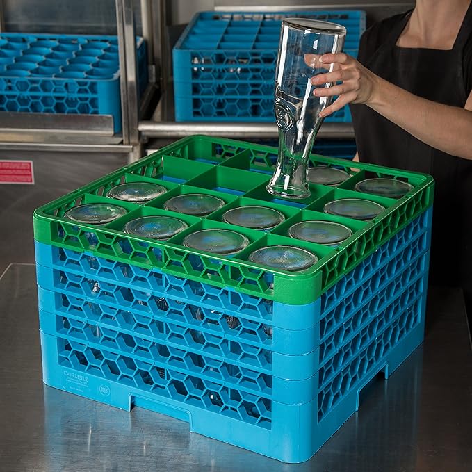 CFS RG16-5C413 OptiClean 16 Compartment Glass Rack with 5 Extenders, 11.9", Polypropylene, green/CFS Blue