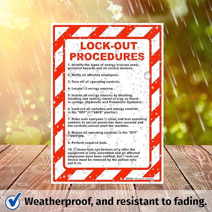 Brimar - 7" x 10" - Lock-Out Procedures Sign - 3.5 Mil InfiniStick™ Vinyl Label - Easy Installation - Workplace Safety Compliance