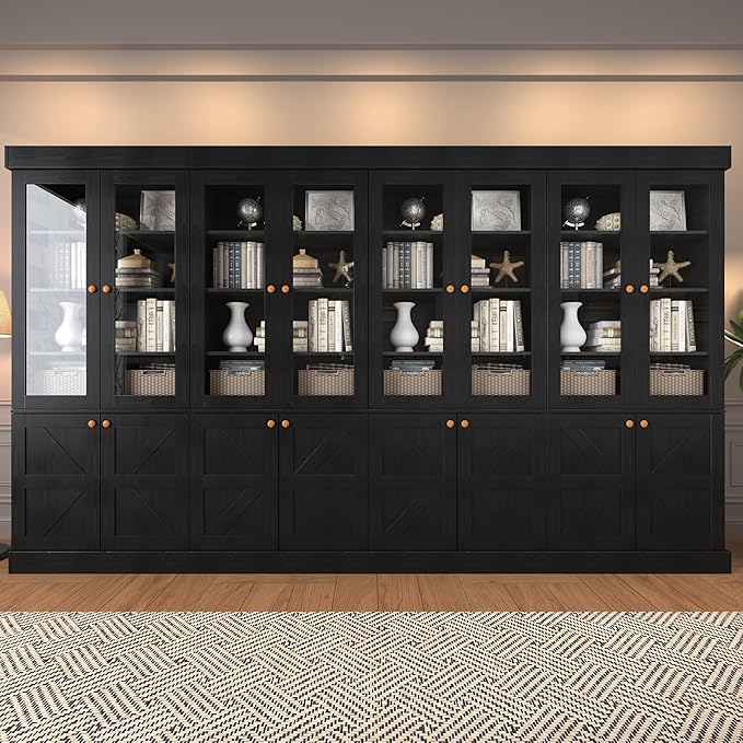 Vyre 71" Tall Farmhouse Kitchen Pantry, Set of 4 Large Storage Cabinets with Glass Doors, Adjustable Shelves, Wood Versatile Hutch Cabinet for Living Room, Dining Room, Black