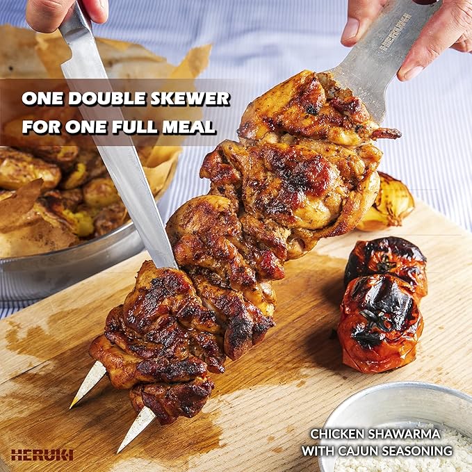 Double Skewers 14.4" Stainless Steel Heavy Duty Double Prong Skewers for BBQ Kabob Shawarma Meat Fish Chicken Accessories for Grill Master Arsenal Stocking Stuffers - 2 Units