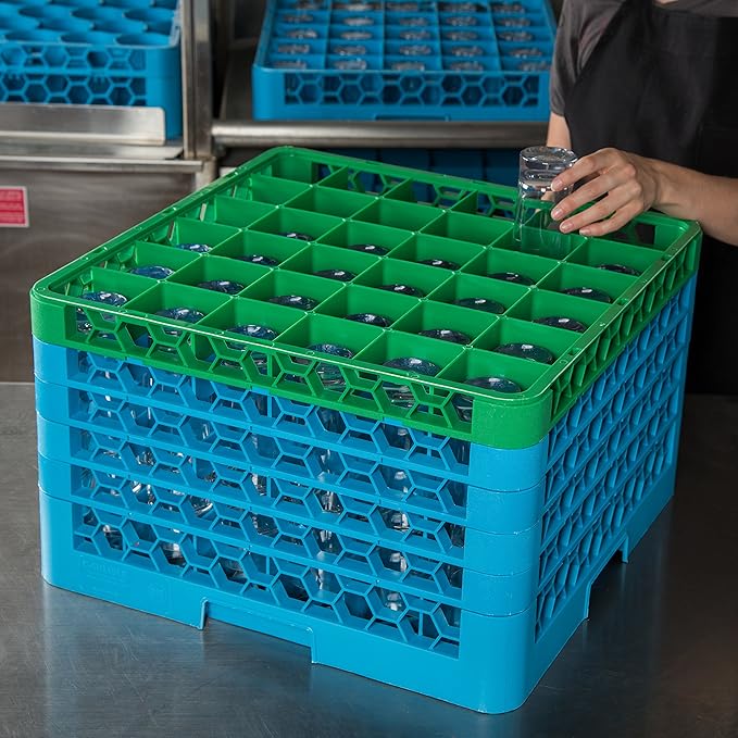 CFS RG36-5C413 OptiClean 36 Compartment Glass Rack with 5 Extenders, 11.9", Polypropylene, green/CFS Blue