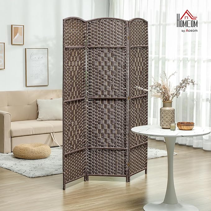 HOMCOM 3 Panel Room Divider, 6' Tall Folding Privacy Screen, Woven Freestanding Wall Partition for Home Office, Bedroom, Brown