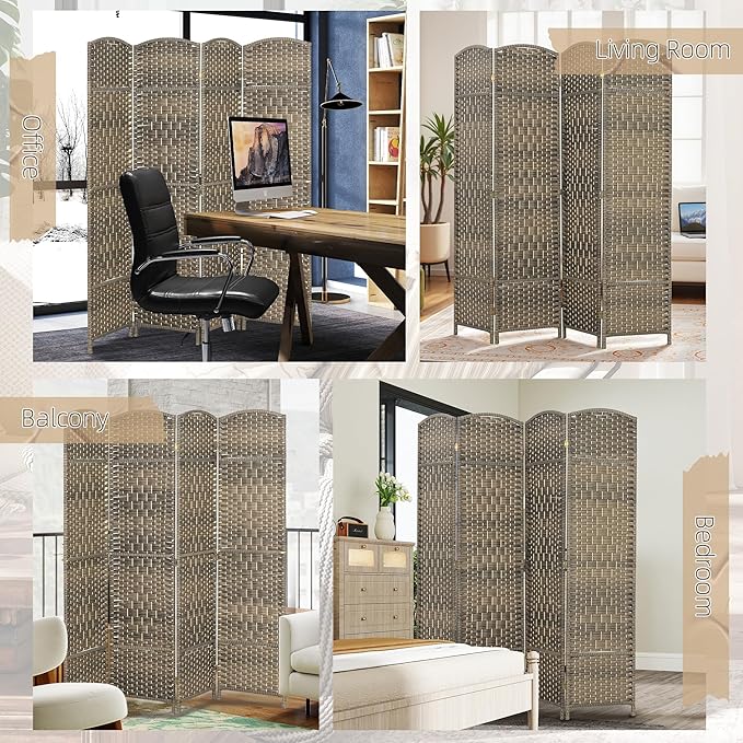 HOMCOM 4 Panel Room Divider, 6' Tall Folding Privacy Screen, Woven Freestanding Wall Partition for Home Office, Bedroom, Dark Rustic Oak