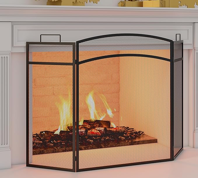 3 Panel Fireplace Screen 48" W x 29" H Modern Foldable with Wrought Metal Decorative Mesh,Arch Heavy Duty Fire Spark Guard Cover for Home Decor Indoor, Black