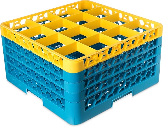 CFS RG16-4C411 OptiClean 16 Compartment Glass Rack with 4 Extenders, 10.3", Polypropylene, Yellow/CFS Blue