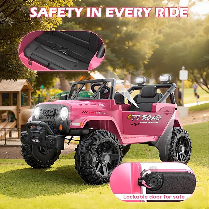12V Ride On Truck Car with Remote Control, Kids Electric Vehicles with Bluetooth Music, Horn, 3 Speeds, 4 LED Lights, Soft Start, Ride on Toys for Toddler Boys & Girls (Pink)