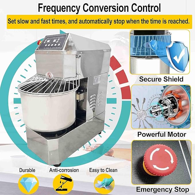 TECHTONGDA Commercial Electric Dough Mixer Mixing Machine, 20L Stainless Steel Spiral Stand Flour Mixer, Double Action Double Speed Dough Kneading Machine with Speed Time Control for Bakery Pizzeria