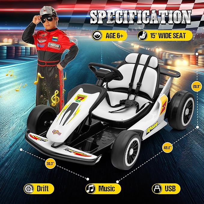 24V Electric Go Kart for Kids, Drift Kart with 400W Motors, EVA Tires, Max Speed 8.1 MPH, Music, Wireless, Electric Drifting Cart Outdoor Ride on Toy for Kids Ages 6+ (White)