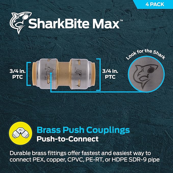 SharkBite Max 3/4 Inch Coupling, Pack of 4, Push to Connect Brass Plumbing Fitting, PEX Pipe, Copper, CPVC, PE-RT, HDPE, UR016A8