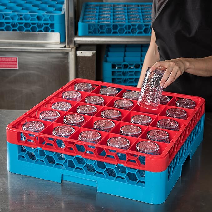 CFS OptiClean 25-Compartment Glass Rack with 1 Extender Red