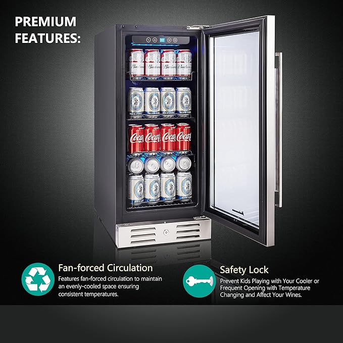 15 Inch Beverage Cooler and Kalamera Refrigerator Under Counter Built-in or Freestanding - 96 Cans Capacity Mini Fridge- for Soda, Water, Beer or Wine - For Kitchen or Bar with Blue Interior Light
