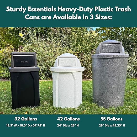 Campus Collection 32 Gallon Square Slatted 100% Recycled Plastic Heavy-Duty Commercial Outdoor and Indoor Trash Can with Push Top Lid | Great for Schools and Businesses - Light Granite