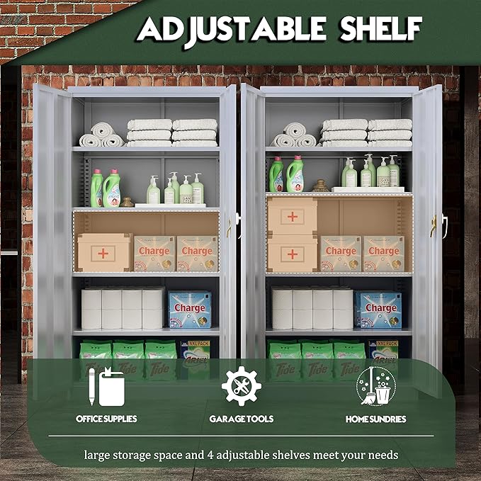 Greenvelly Metal Storage Cabinet, 72" Lockable Metal Garage Storage Cabinet with Doors and 4 Adjustable Shelves, Locking Steel Cabinet for Home Office, Garage, Shop, School (Dark Grey 36" W x 18" D)