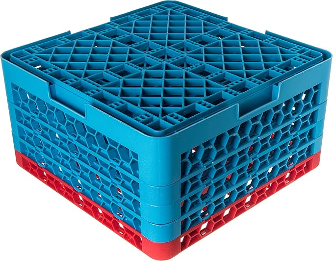CFS RG36-4C410 OptiClean 36 Compartment Glass Rack with 4 Extenders, 10.3", Polypropylene, Red/CFS Blue