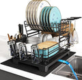 BOOSINY 2 Tier Black Large Stainless Steel Dish Drainers Drying Rack for Kitchen Counter with Drainboard, Rust Proof Metal, Space Saving, Modern Aesthetic, Compact Plates Strainers with Extra Mat