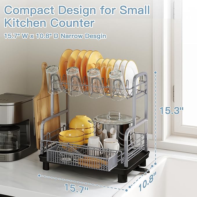2 Tier Gray Large Capacity Dish Drainers Drying Rack for Kitchen Counter, Metal Stainless Steel Rust Proof Plate Strainers Holder On Countertop with Drainboard Tray, Space Saving, Aesthetic Modern