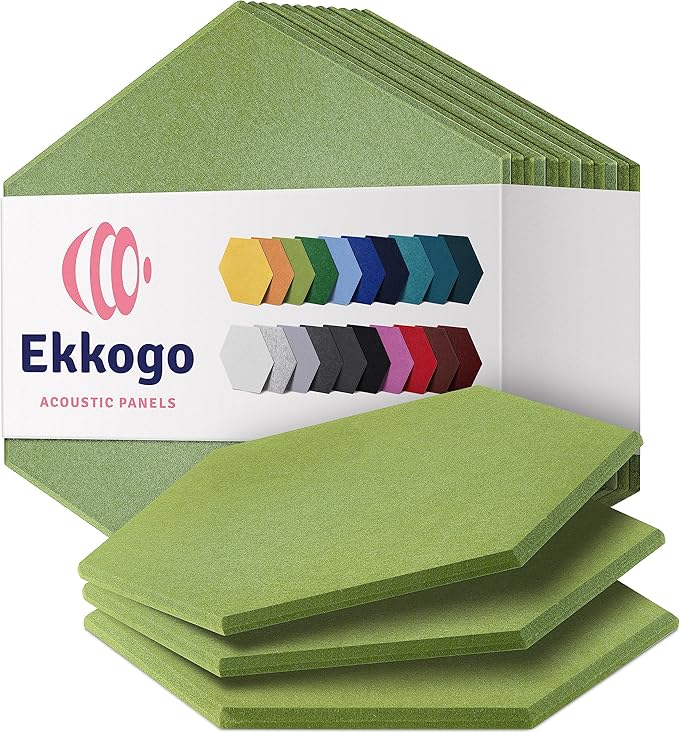 Acoustic Panels 12-Pack - 12"X10.4"X0.4" Soundproof Wall Panels - High Density Sound Dampening - Gin Green Hexagon