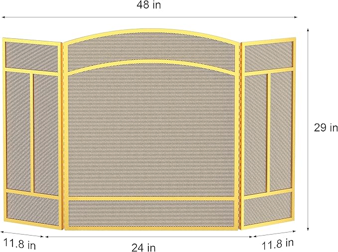 Fire Beauty Fireplace Screen 3 Panel Wrought Iron 48"(L) x 29"(H) Spark Guard Cover(Golden Dusting)