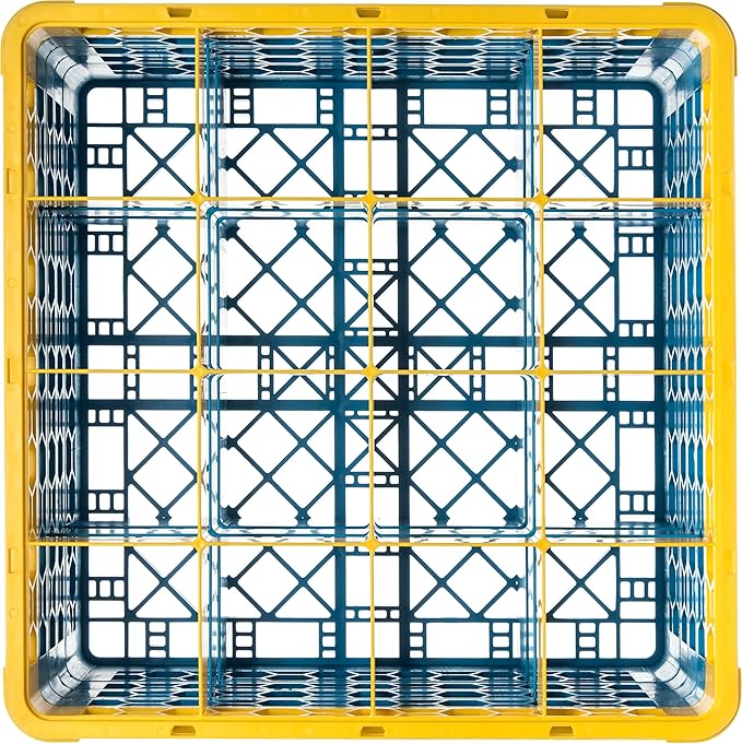 CFS RG16-4C411 OptiClean 16 Compartment Glass Rack with 4 Extenders, 10.3", Polypropylene, Yellow/CFS Blue
