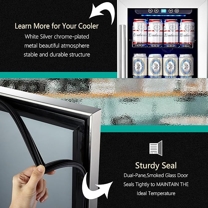 15 Inch Beverage Cooler and Kalamera Refrigerator Under Counter Built-in or Freestanding - 96 Cans Capacity Mini Fridge- for Soda, Water, Beer or Wine - For Kitchen or Bar with Blue Interior Light