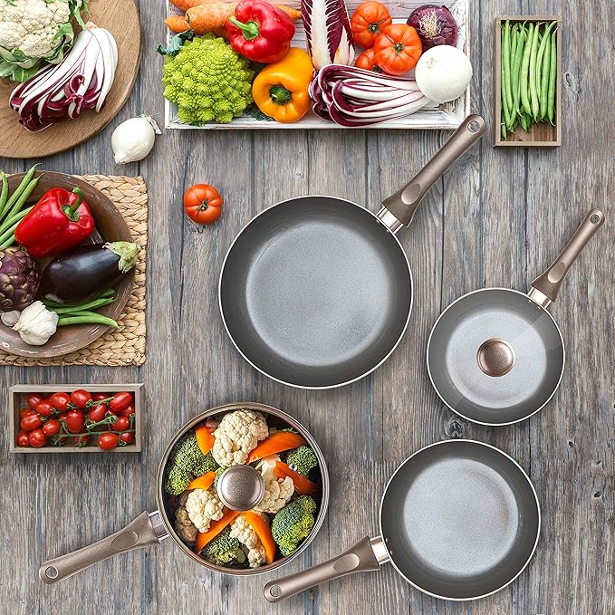 Moss & Stone 6 Pcs Dark Grey Nonstick Cookware Set, Pots And Pans Set Non stick With Glass Lid, Induction Cookware, Stay-Cool Handle PTFE/PFOA Kitchen Pots 6-Piece with Frying Pans & Saucepan