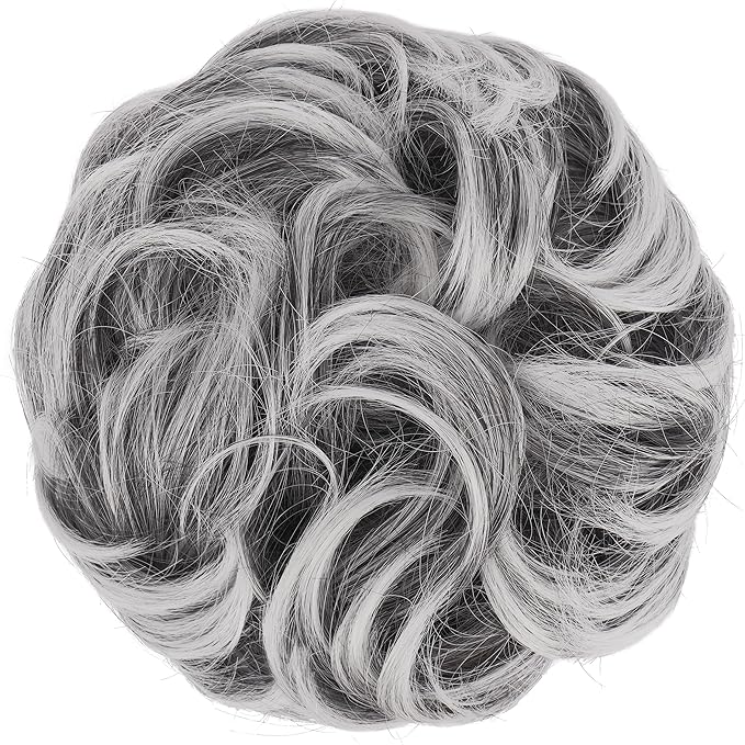 FESHFEN Large Messy Bun Hair Piece - Wavy Synthetic Chignon Scrunchies Elastic Ponytail Hair Extensions Thick Hairpieces for Women, Black with White Tips 1.94oz